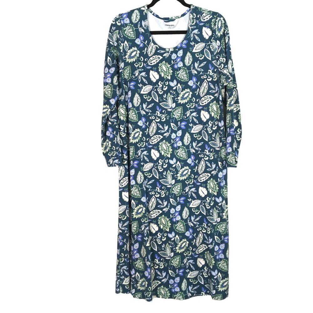Lands' End Long Sleeve Block‎ Print Floral Cotton Midi Dress Size L 14-16